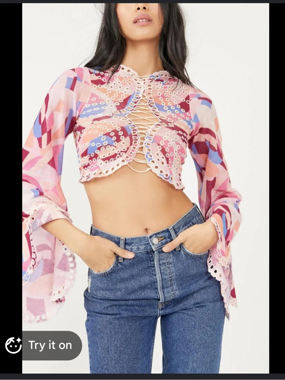 Free People Pink Multi Eyelet Lace-Up Cropped Top